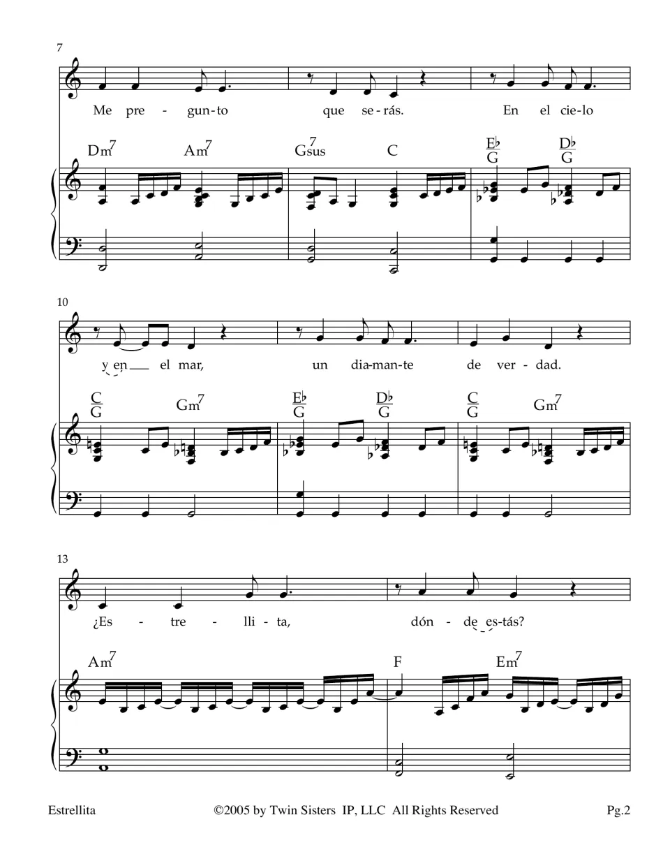 Vocal and piano score, measures 7-14: Spanish lyrics Me pregunto que serás, En el cielo y en el mar, with chord names