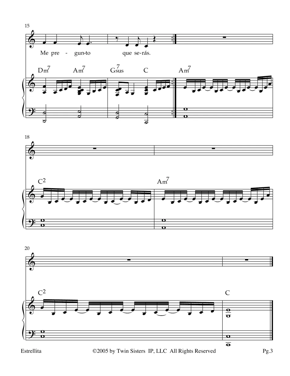 Final measures 15-21: last sung line Me pregunto que serás, a repeat sign, then a piano outro in C2 and Am7 ending on C