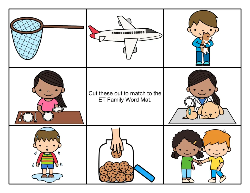 Color picture cards to cut out and match to -et words: a net, jet, boy with pet, vet, wet boy, cookie jar and kids meeting