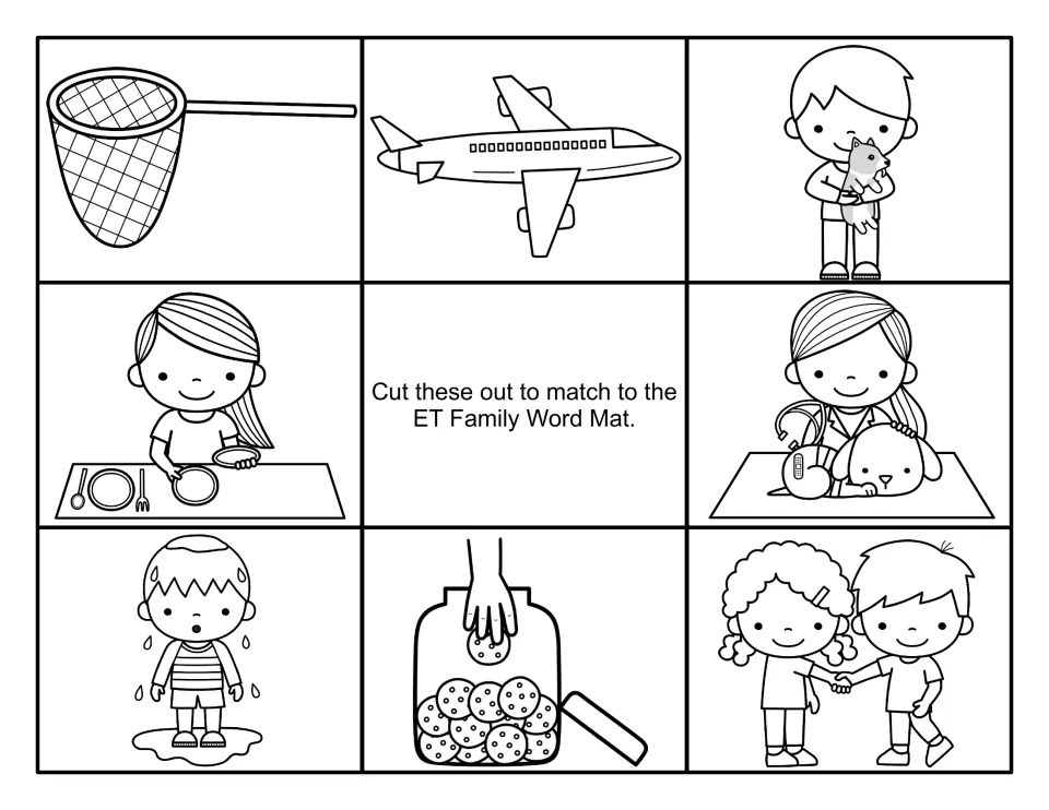 Black-and-white version of the -et picture cards: net, jet, pet, girl setting a table, vet, wet boy, cookie jar, handshake