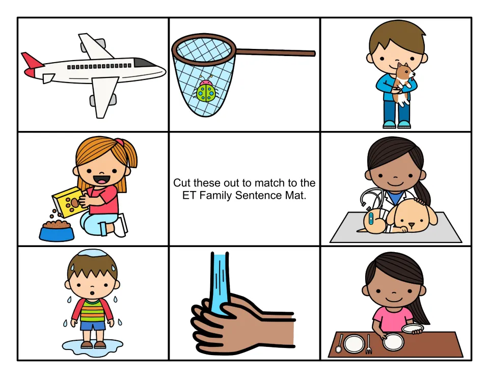 Color picture cards for the -et sentence mat: a jet, bug in a net, girl feeding her pet, vet, wet kid, hands under water