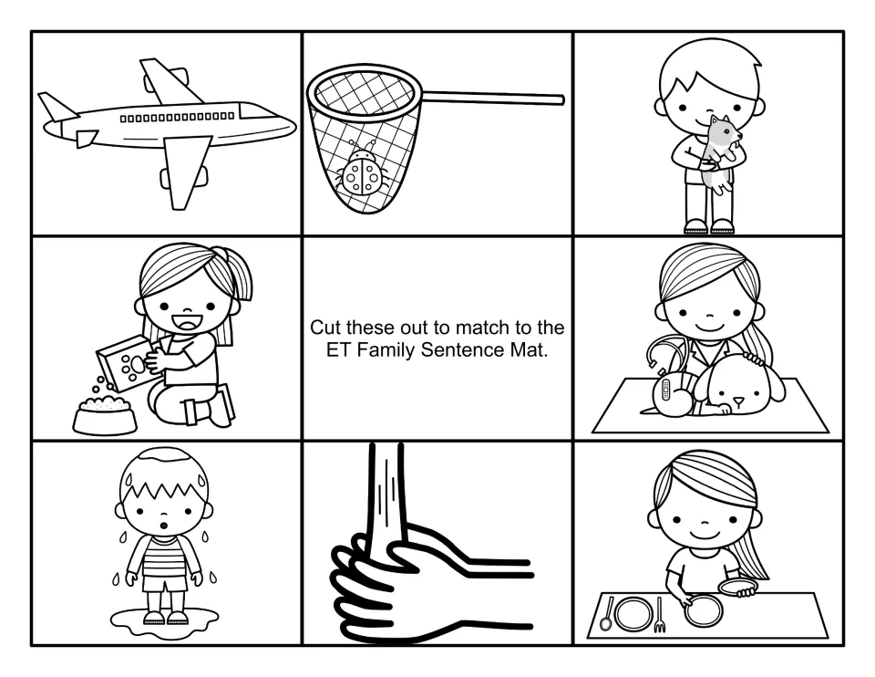 Line-art sentence picture cards to cut out: jet, ladybug in a net, boy holding a pet, girl pouring pet food, a table set