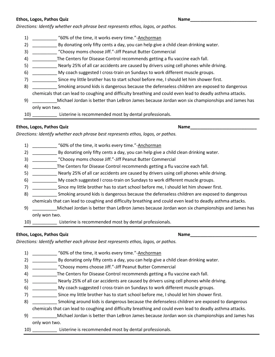 Ethos, logos, and pathos quiz: 10 statements about ads, expert advice, and reasoning, printed three times.