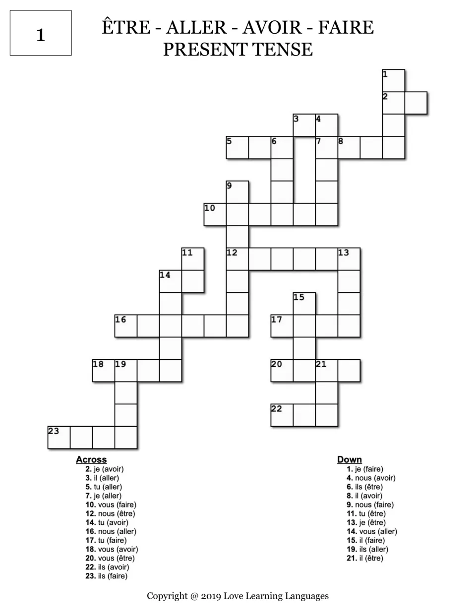 Crossword 1, present tense of être, aller, avoir, faire: students conjugate 24 clues such as je (avoir) and nous (être)
