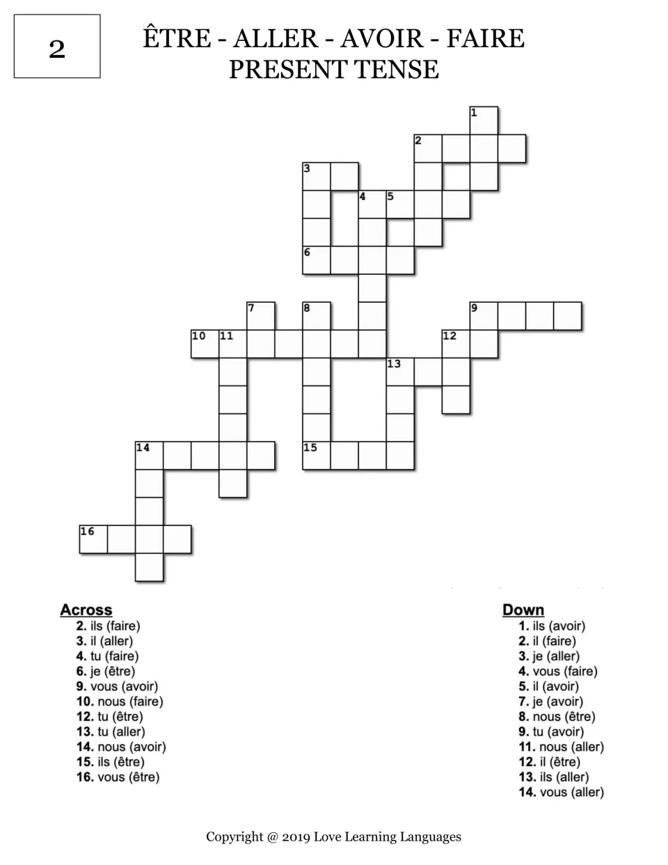 Crossword 2 on present-tense être, aller, avoir, faire: students write 23 forms from clues like ils (faire), tu (aller)