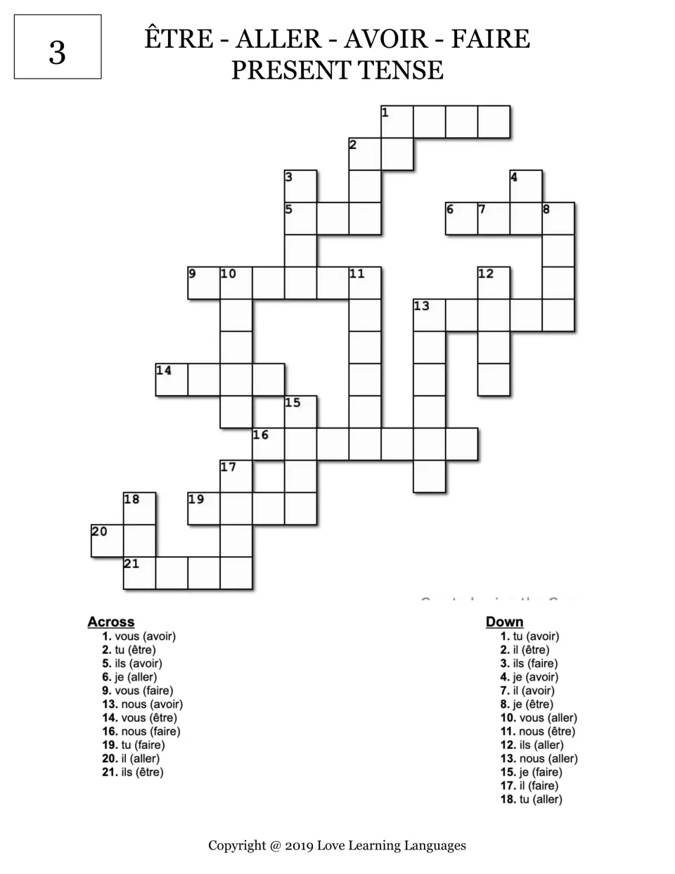Crossword 3, être/aller/avoir/faire present tense: students solve 24 subject-verb clues like vous (avoir), il (aller)