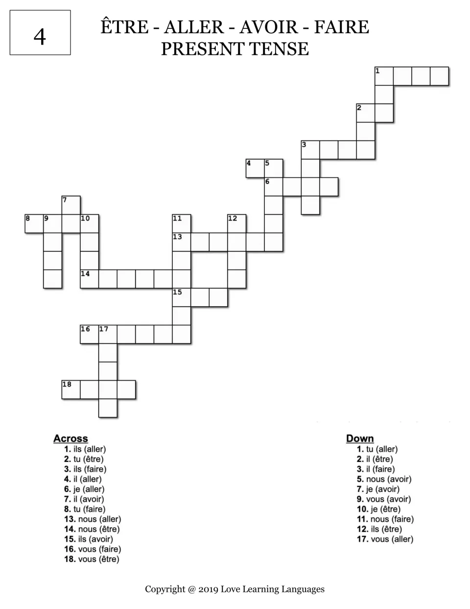 Crossword 4 on the four irregular verbs in present tense: students conjugate 22 clues such as ils (aller), je (être)