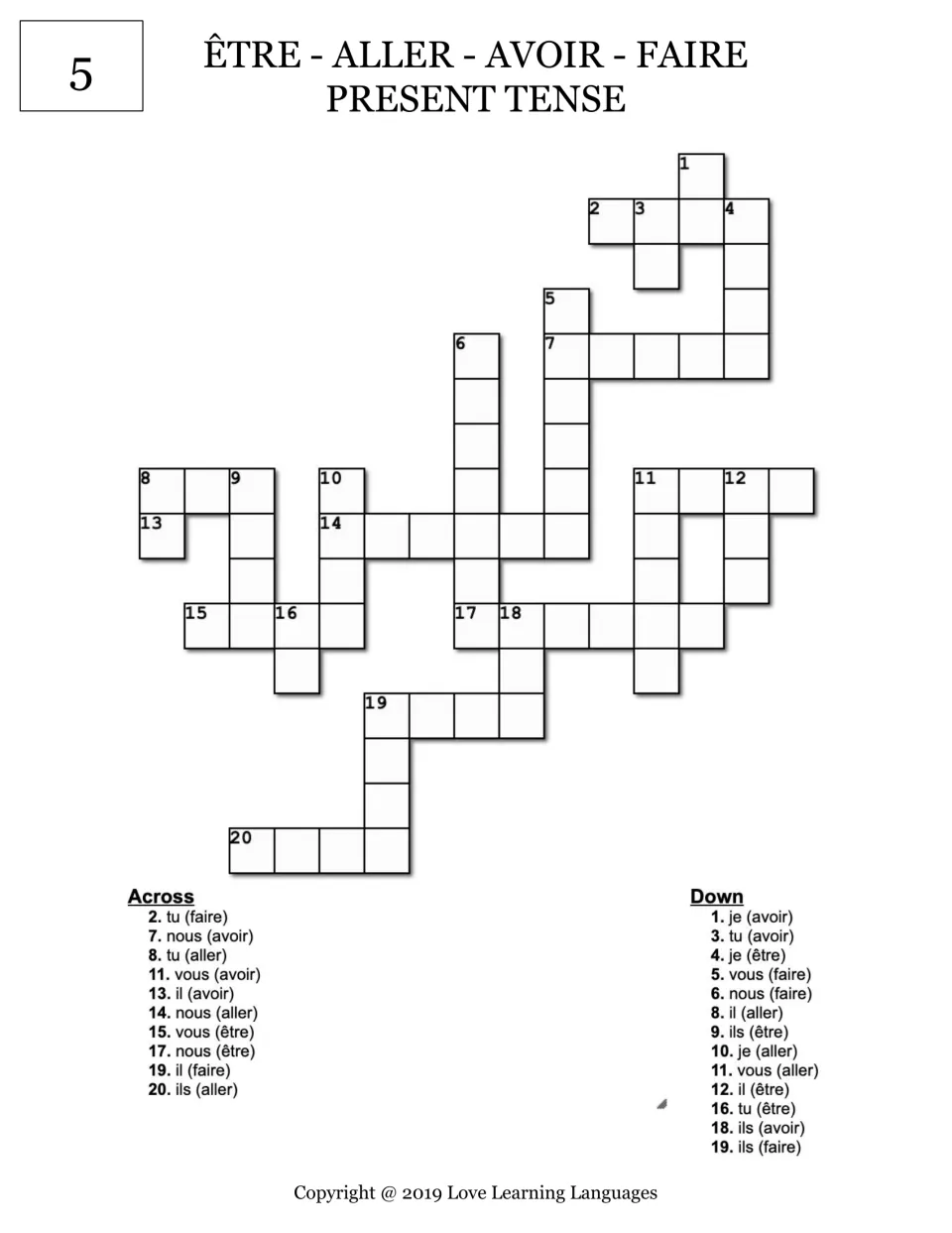 Crossword 5, present tense of être, aller, avoir, faire: students fill in 23 clues like tu (faire), nous (avoir)