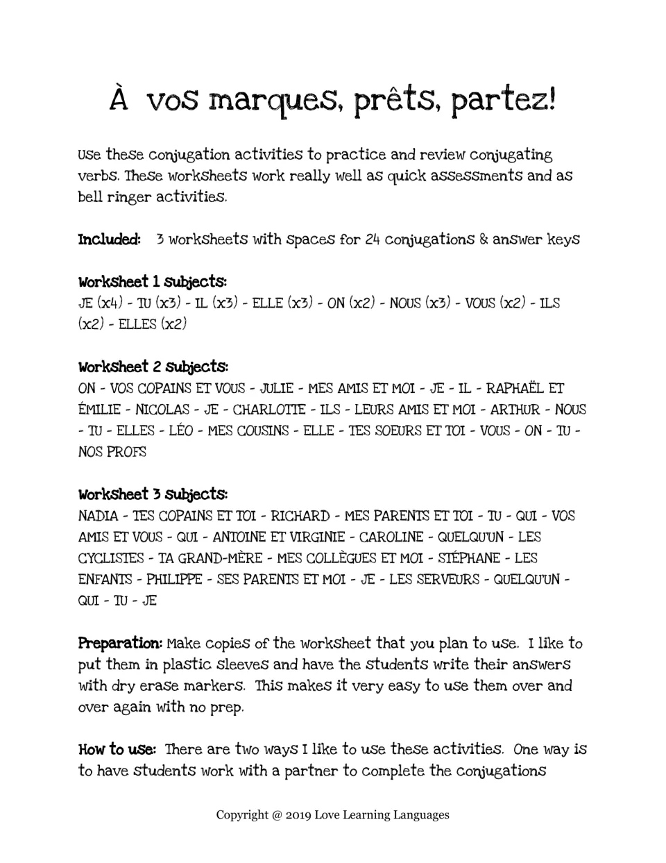 Teacher directions for three French conjugation worksheets: subject lists and reusable dry-erase preparation.