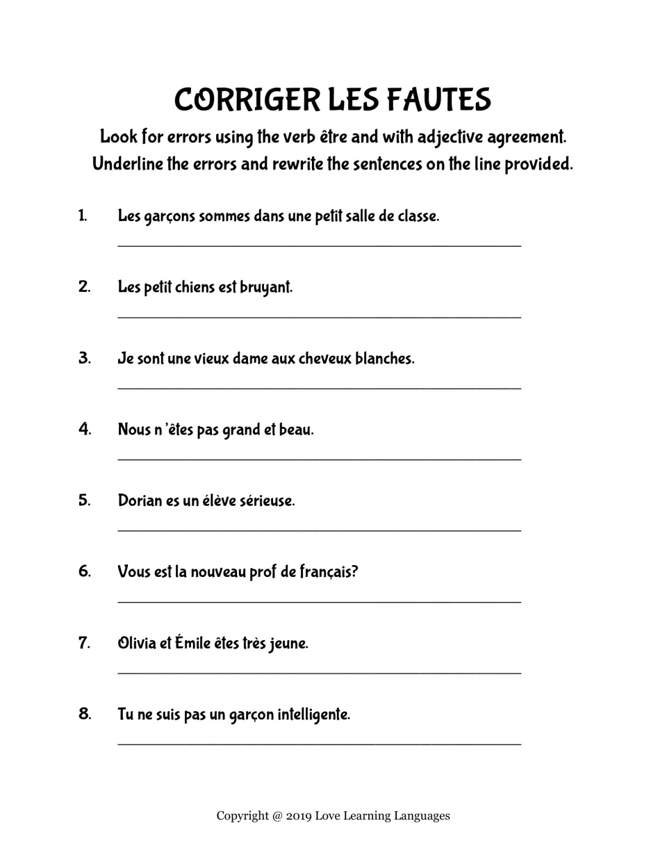 French error-correction practice: eight sentences using être (to be) and descriptive adjective agreement.