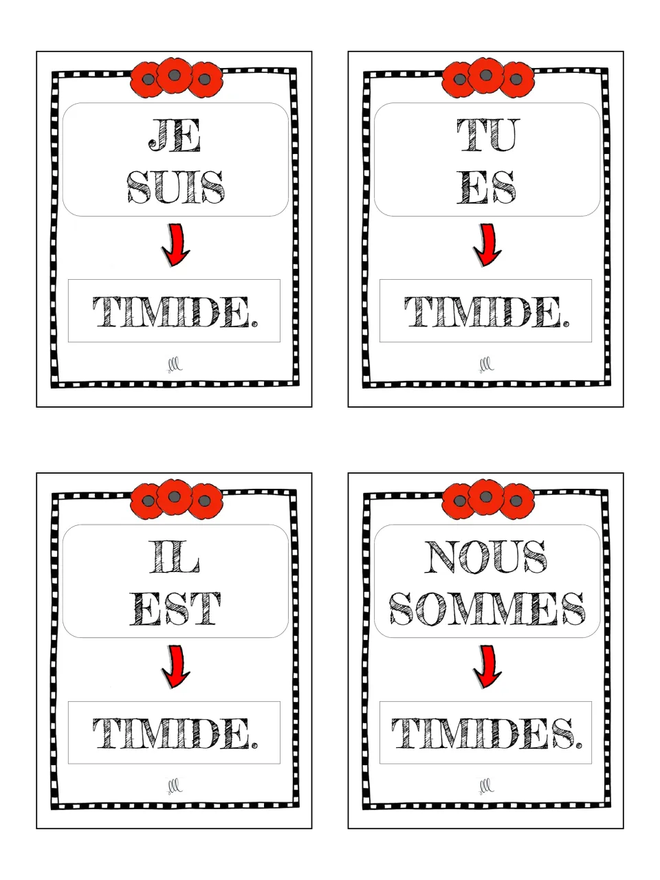 French game cards 1–4: je suis, tu es, il est and nous sommes paired with timide or timides (shy)