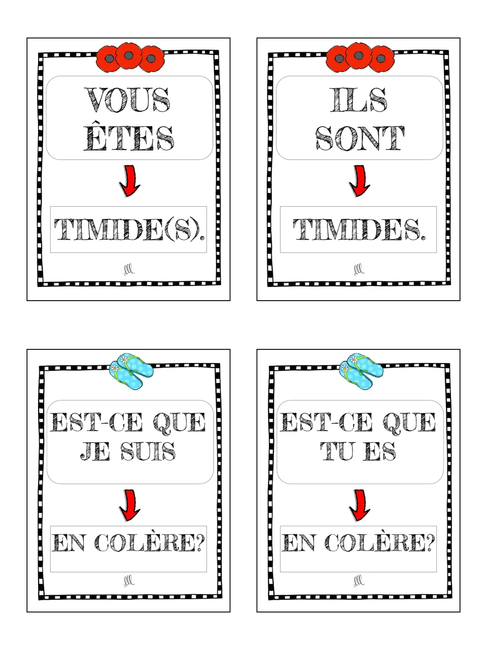 French game cards 5–8: vous and ils statements with timide (shy), then je and tu questions with en colère (angry)
