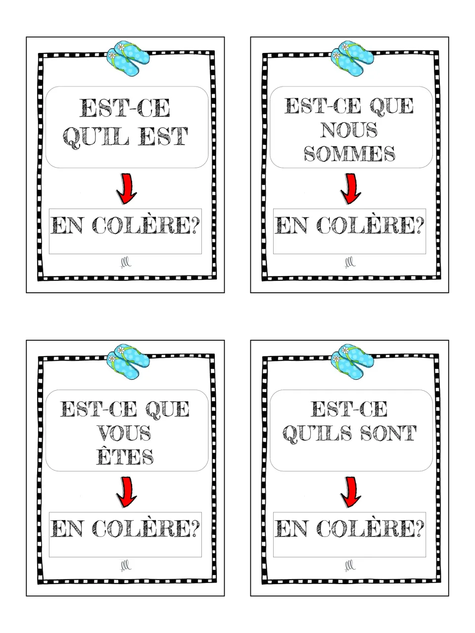 French game cards 9–12: est-ce que questions with il, nous, vous and ils using en colère (angry)