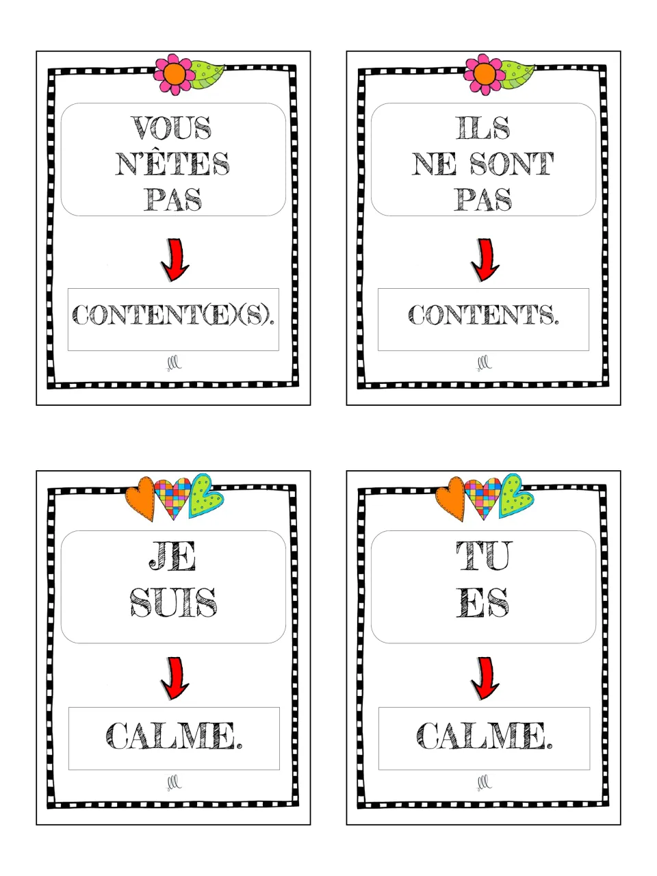 French game cards 17–20: vous and ils negatives with content (happy), then je and tu statements with calme (calm)