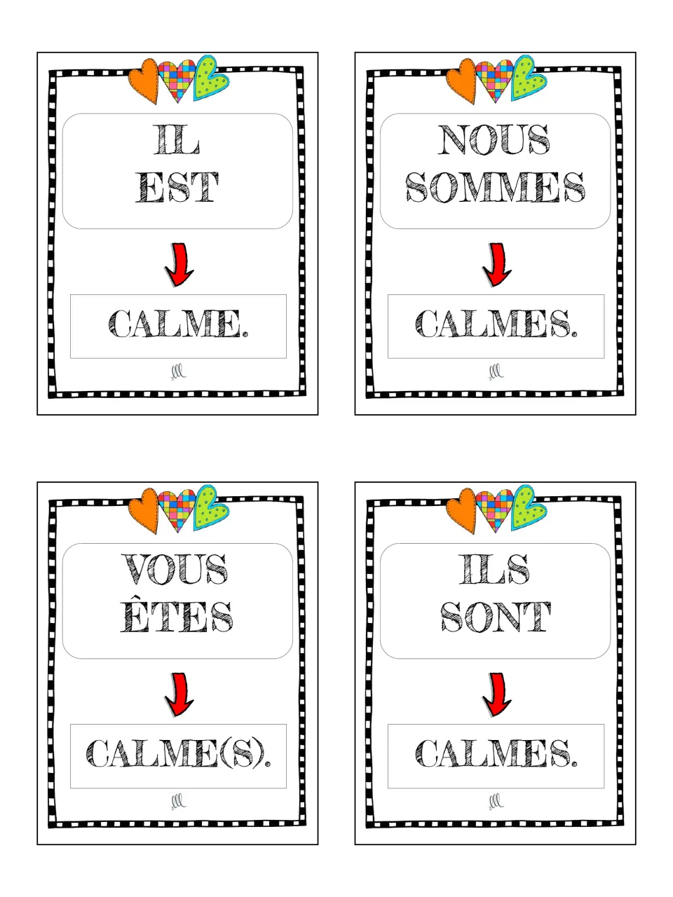 French game cards 21–24: il est, nous sommes, vous êtes and ils sont paired with calme or calmes (calm)