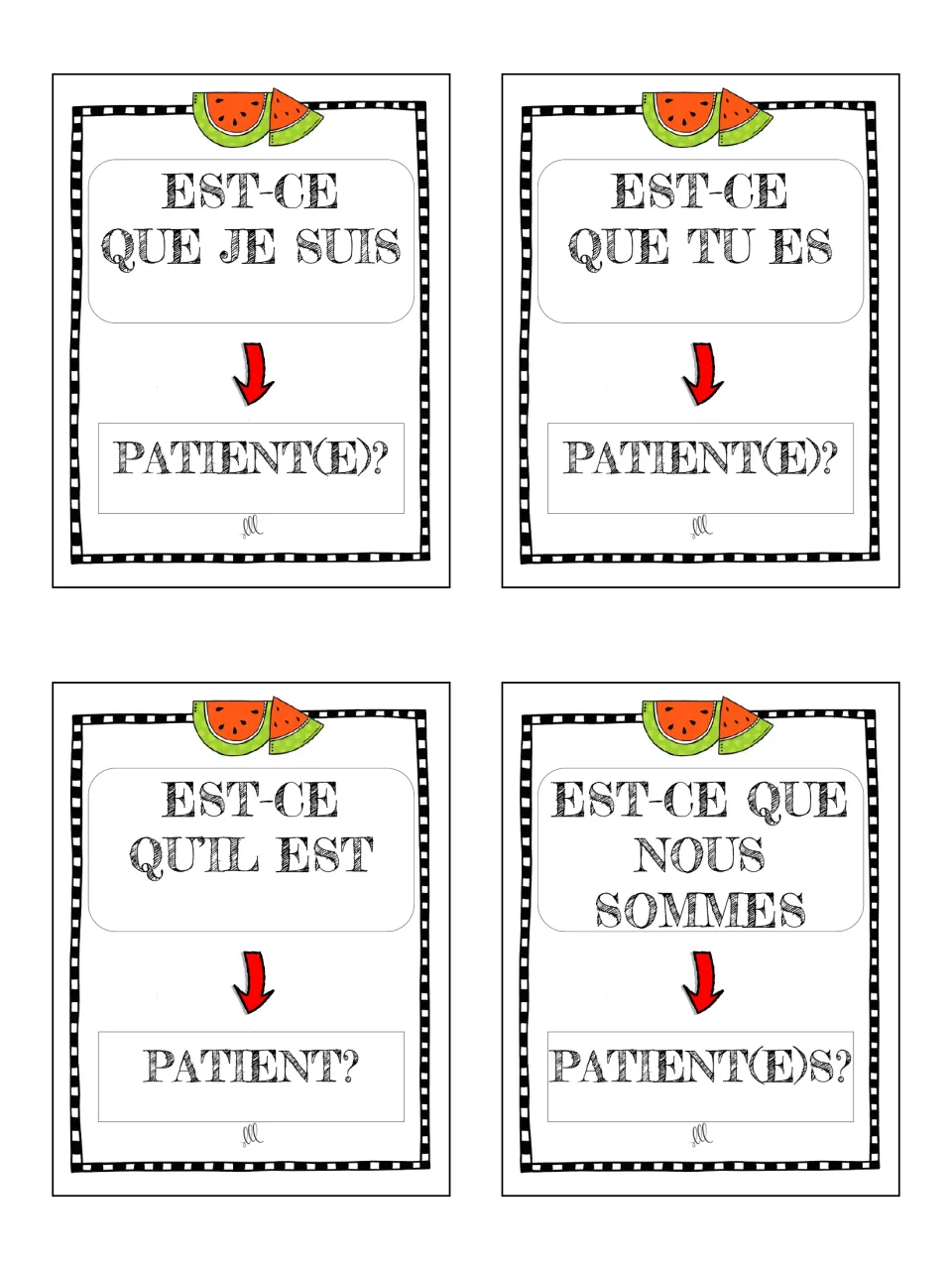 French game cards 25–28: est-ce que questions with je, tu, il and nous using patient (patient)