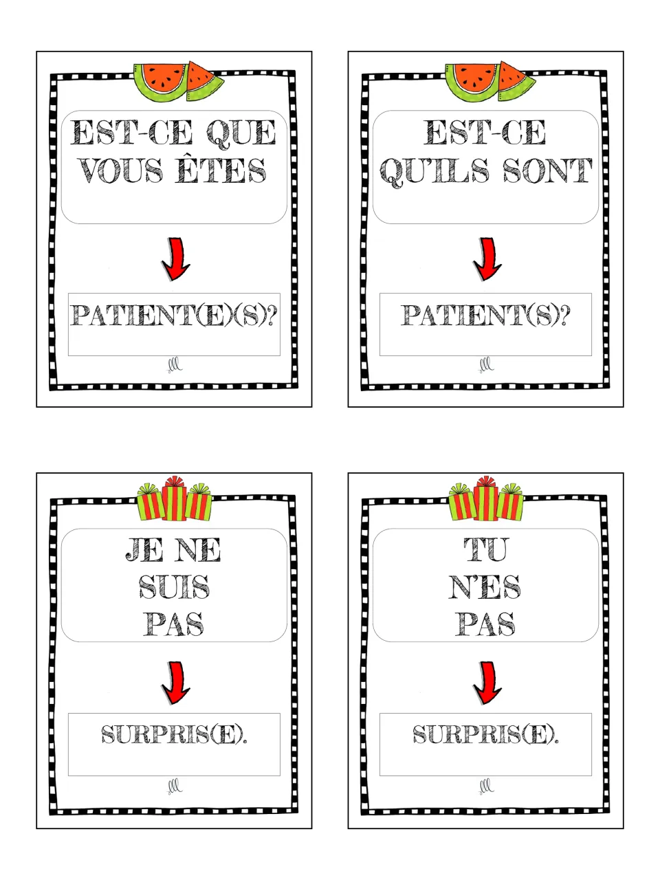 French game cards 29–32: vous and ils questions with patient, then je and tu negatives with surpris (surprised)