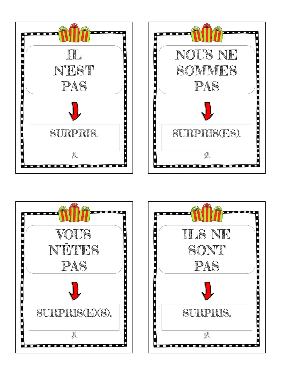 French game cards 33–36: negative être statements with il, nous, vous and ils using surpris (surprised)