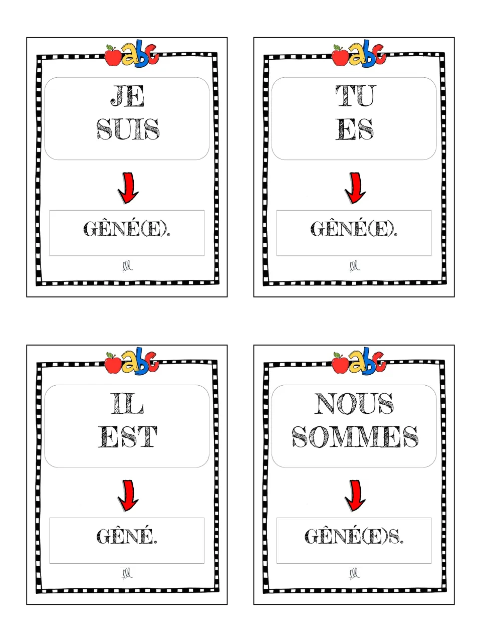 French game cards 37–40: affirmative être statements with je, tu, il and nous using gêné (embarrassed)
