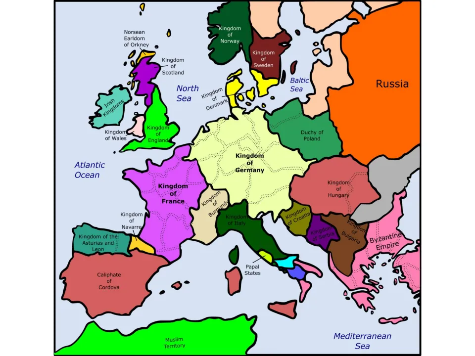 Color map of Europe around 1000 AD showing the kingdoms of England, France, Germany, and neighboring lands.