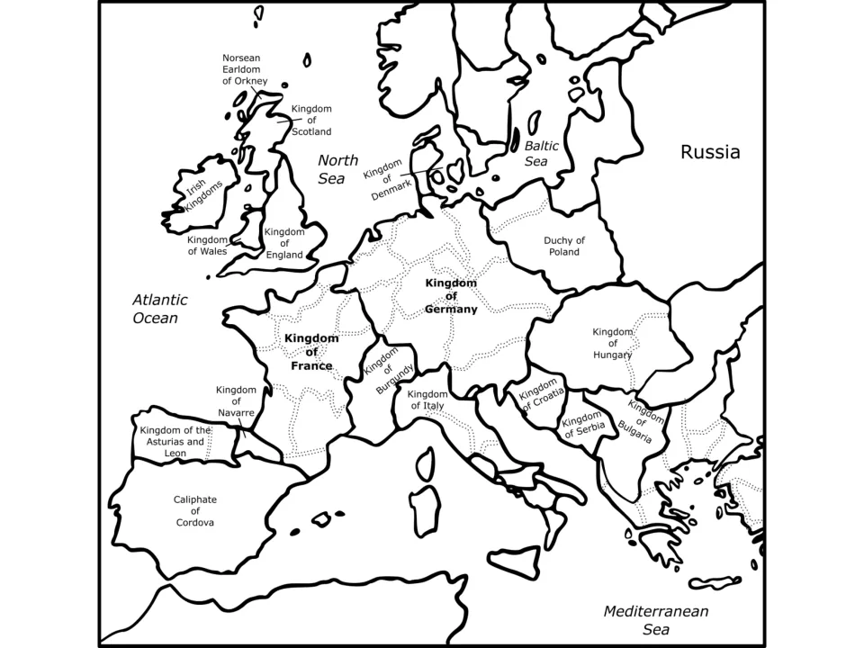 Black-and-white map of Europe around 1000 AD showing England, France, Germany, and neighboring kingdoms.