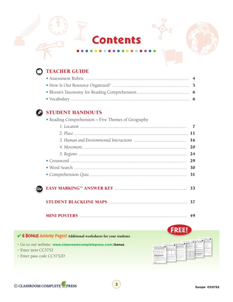 Contents lists teacher guidance, five geography themes, puzzles, a quiz, an answer key, maps, and mini posters.