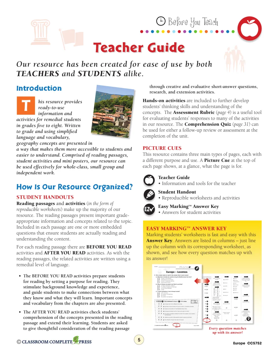 Teacher guide explains reading passages, before-and-after reading activities, assessment tools, and answer key use.