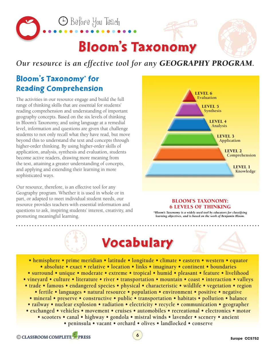 Teacher reference explains Bloom's six thinking levels and lists geography vocabulary from hemisphere to conserve.