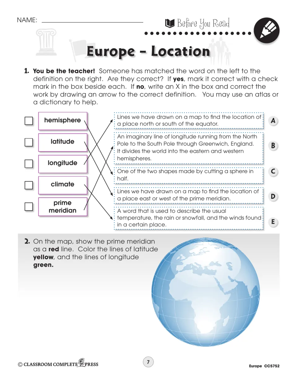 Location prereading tasks ask students to correct vocabulary matches and color latitude, longitude, and meridian.