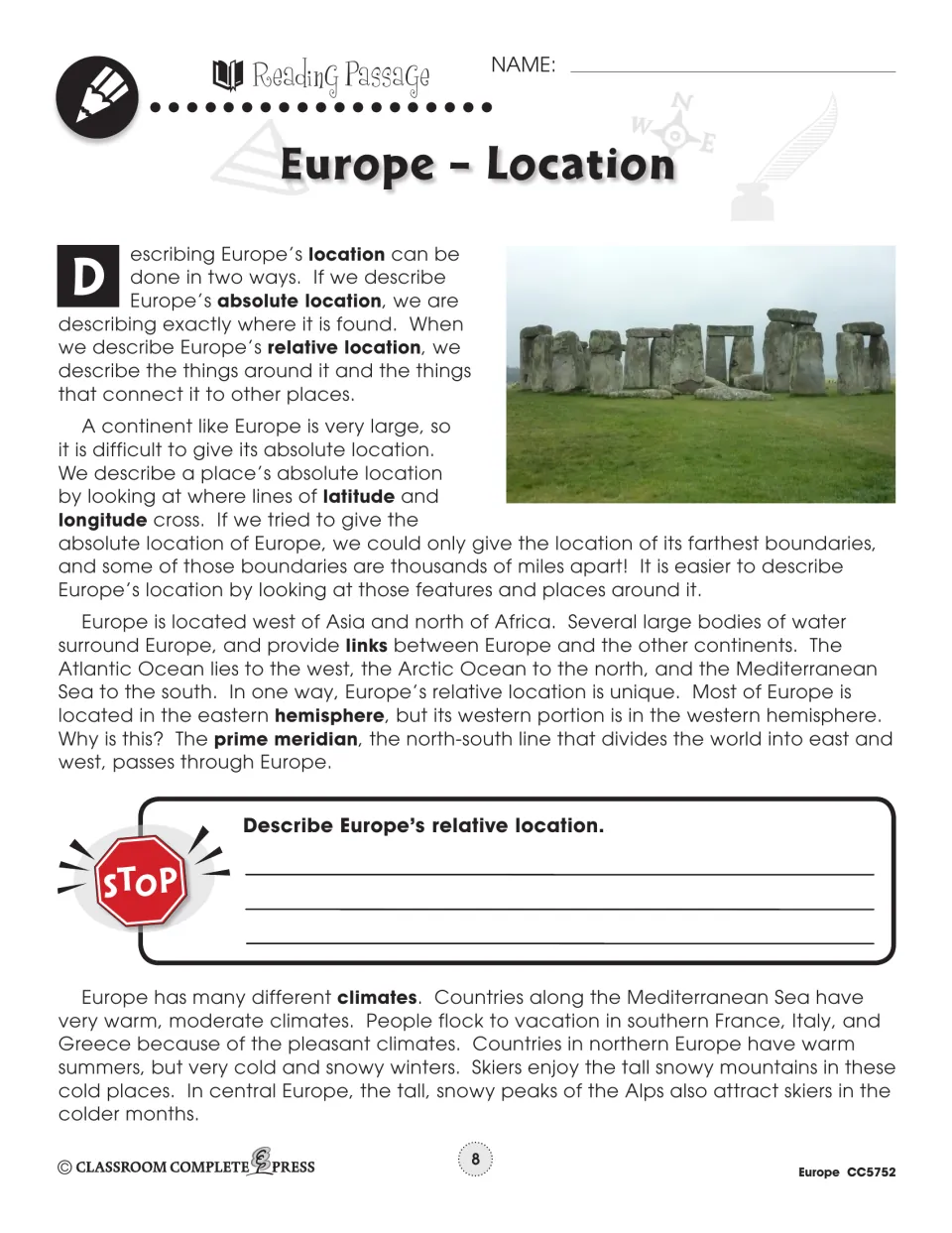 Location reading explains absolute and relative location, Europe's surrounding waters, hemispheres, and climates.