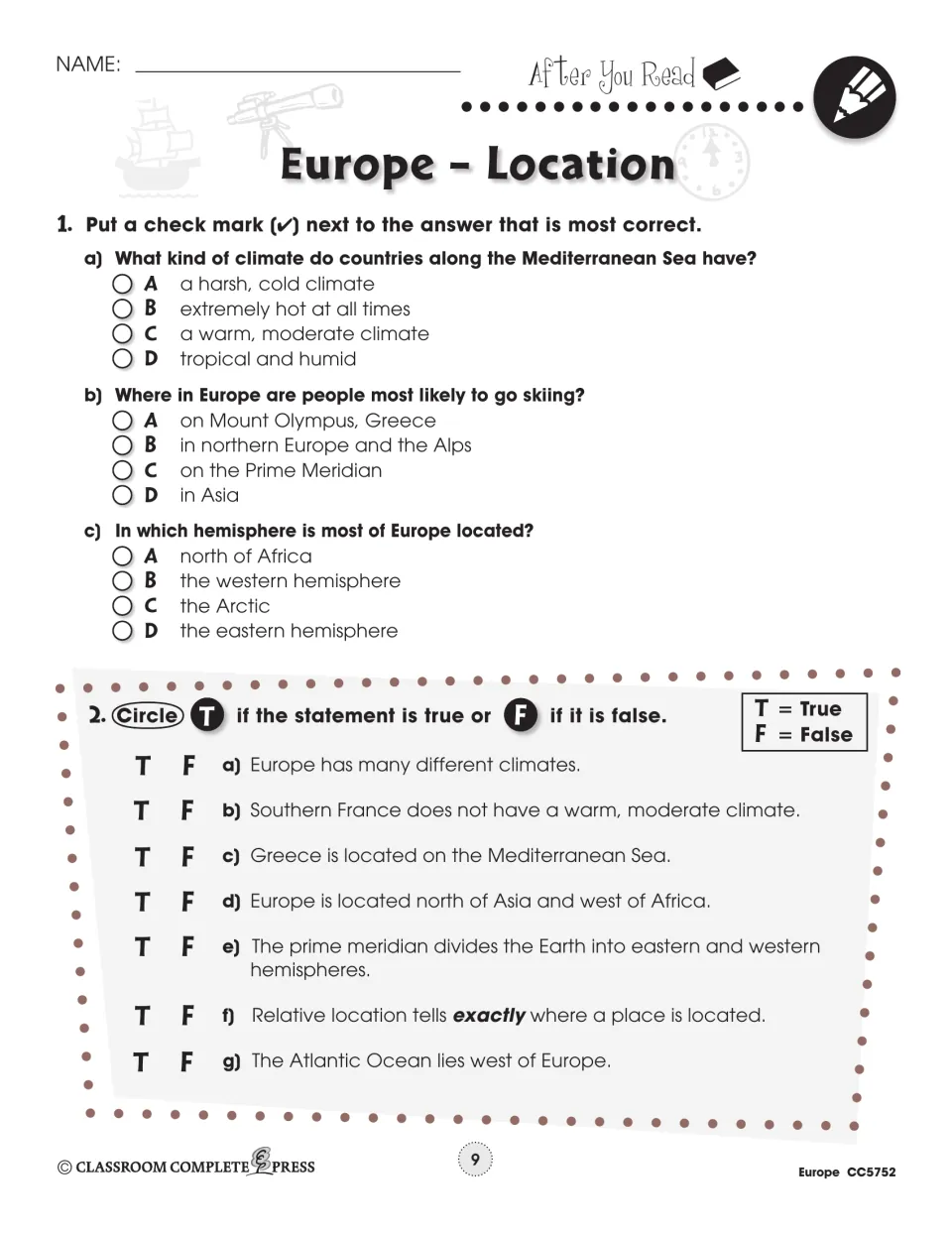 Location comprehension practice includes three multiple-choice and seven true-or-false questions about Europe.