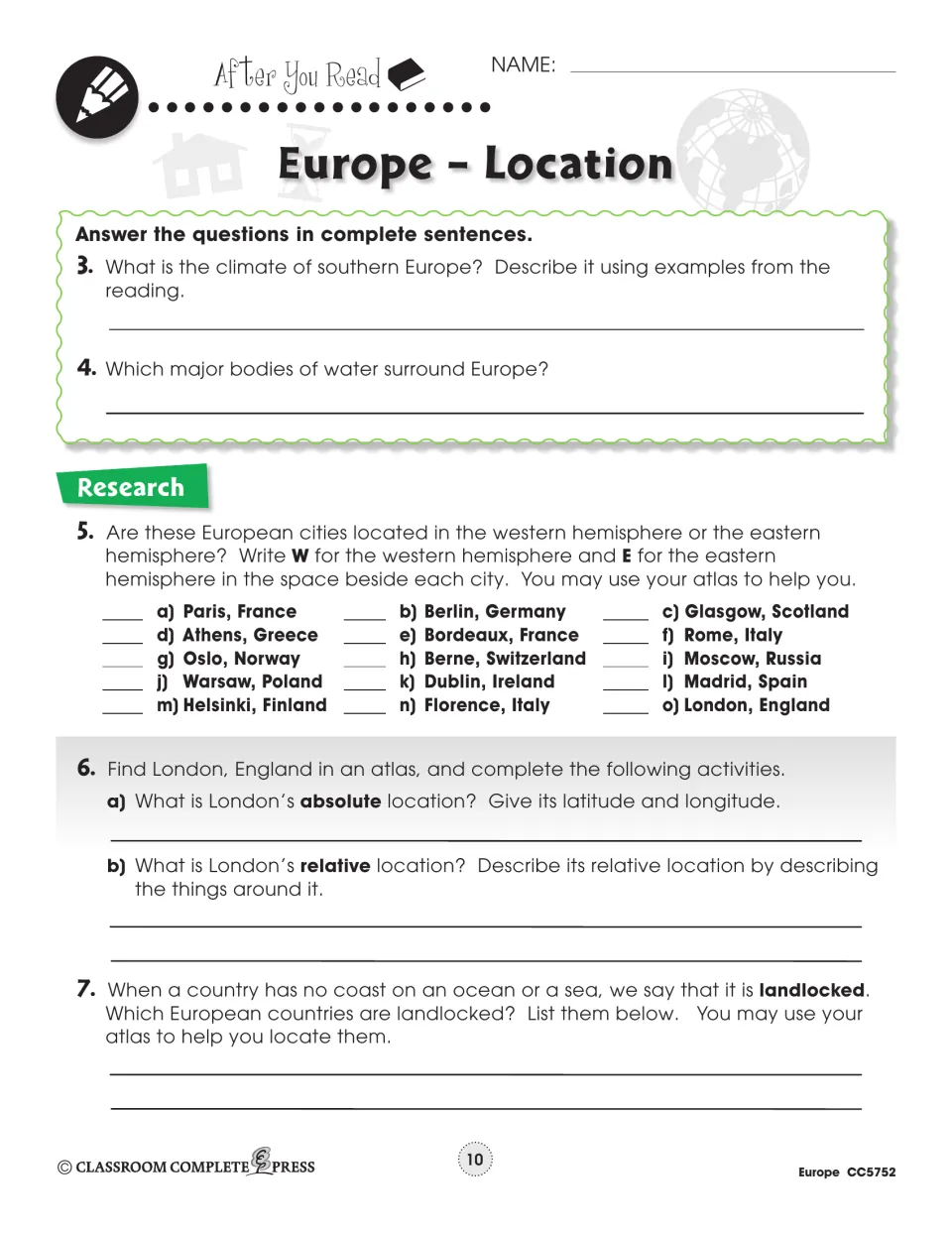 Location follow-up asks about climate, surrounding waters, city hemispheres, London, and landlocked countries.