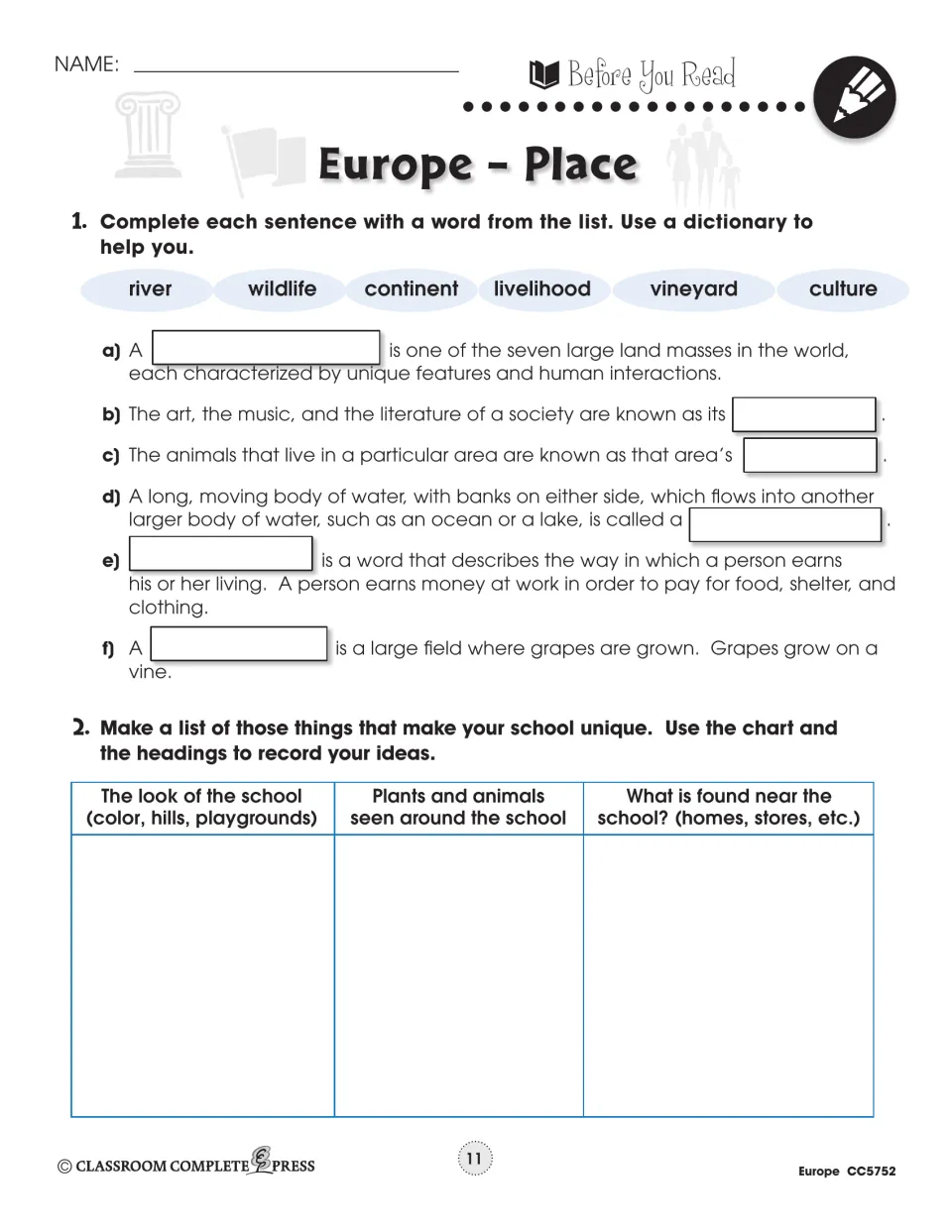Place prereading activities introduce six vocabulary words and ask students to identify their school's features.