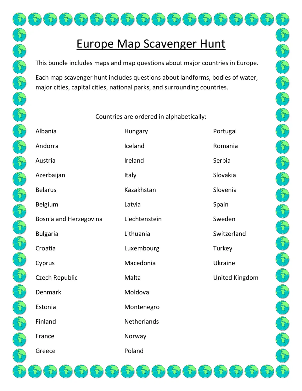Europe Map Scavenger Hunt title page listing the countries covered, from Albania to United Kingdom, in alphabetical order