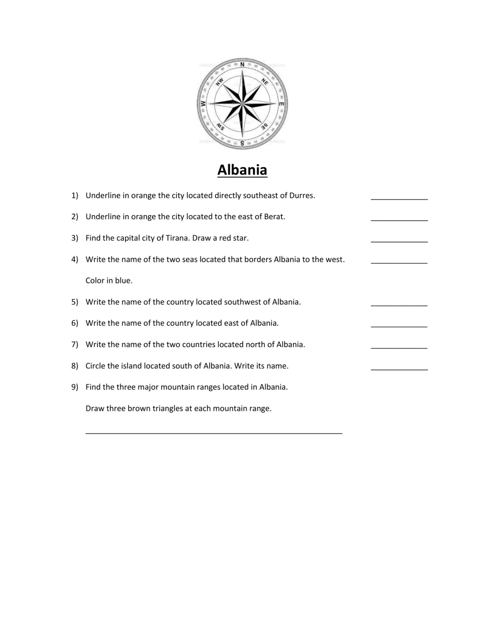 Albania map questions: students use directions to underline cities, star Tirana, name bordering seas and draw mountains