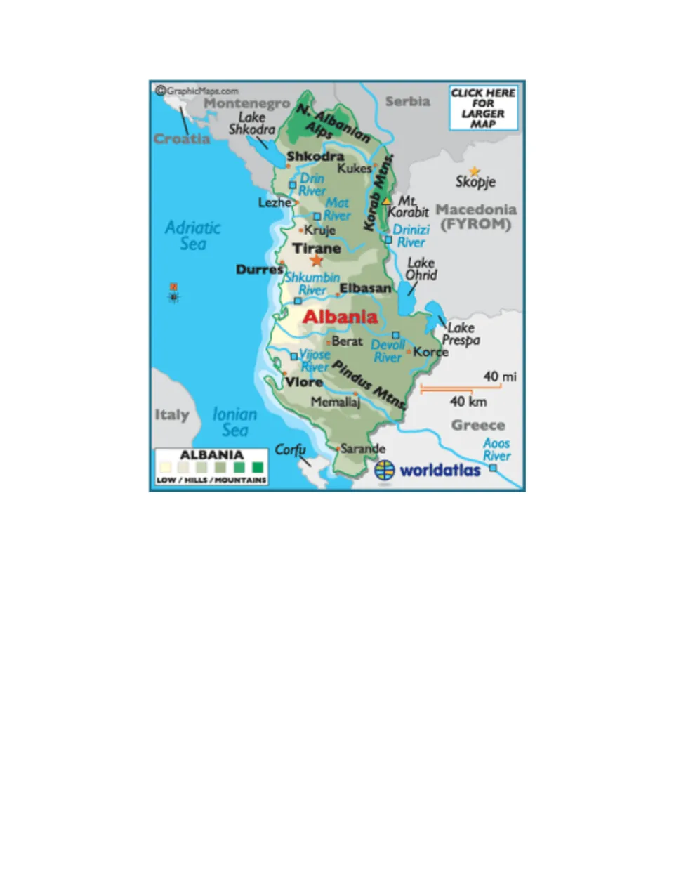 Physical map of Albania showing Tirane, Durres, Adriatic and Ionian Seas, Lake Ohrid, rivers and the North Albanian Alps