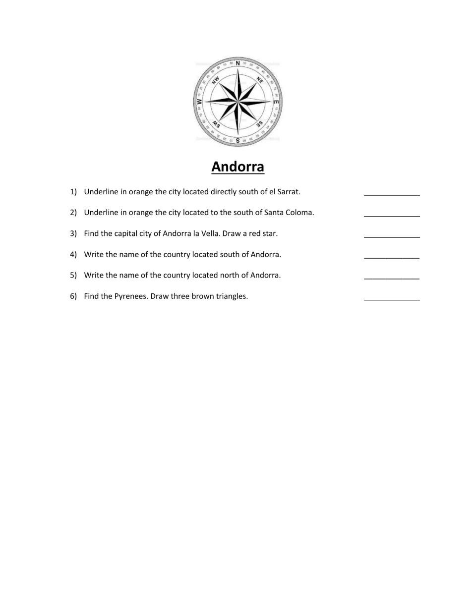 Andorra map questions: students find towns south of el Sarrat and Santa Coloma, star Andorra la Vella and mark the Pyrenees
