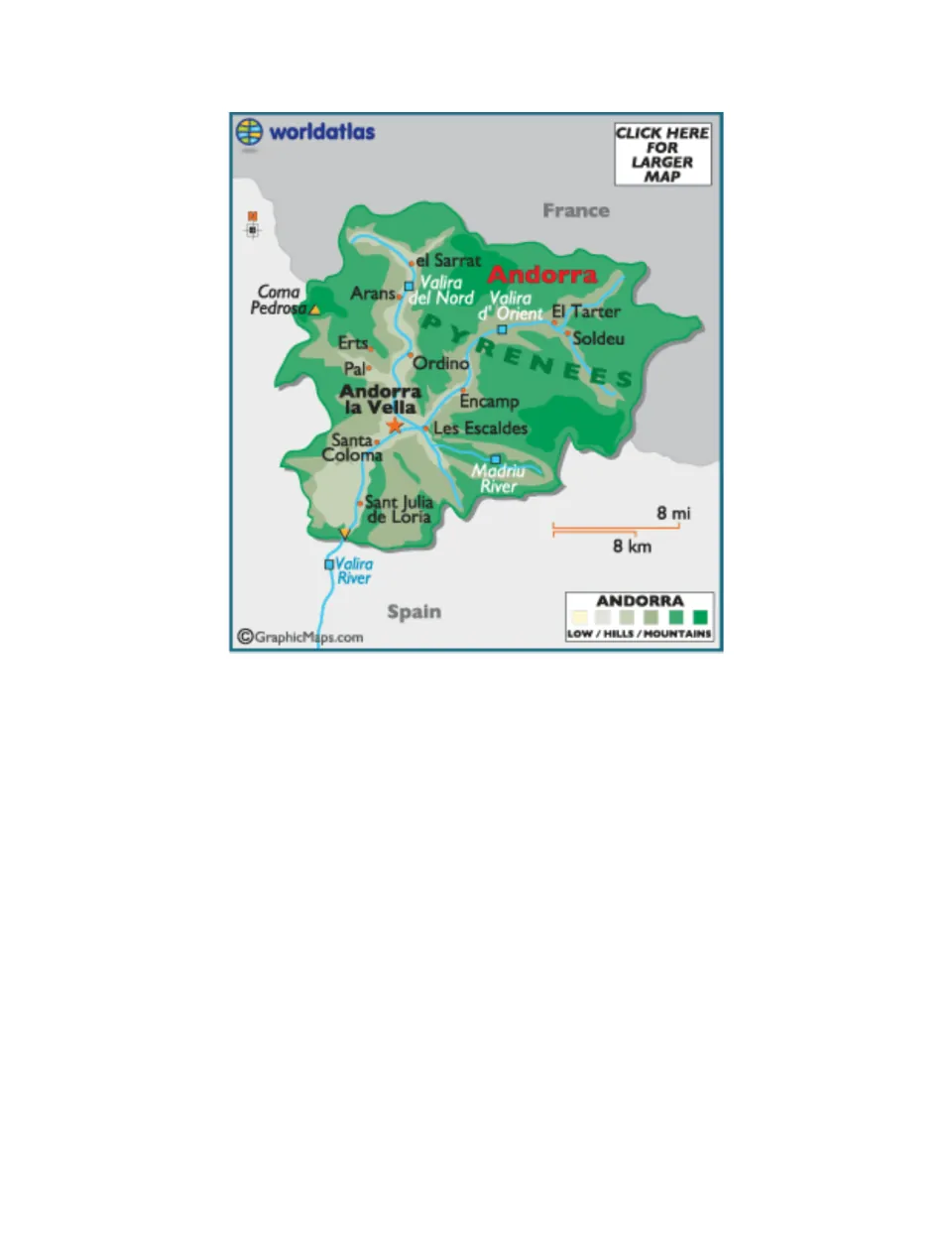 Physical map of Andorra showing Andorra la Vella, towns, the Valira rivers and Pyrenees, with France north and Spain south
