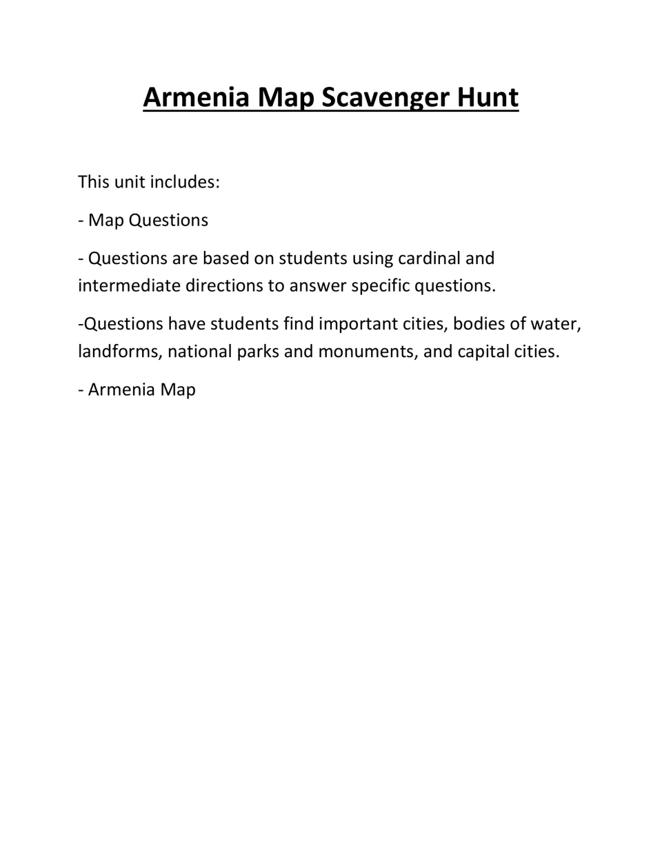 Armenia unit overview: map questions with cardinal and intermediate directions on cities, landforms, waters and capital