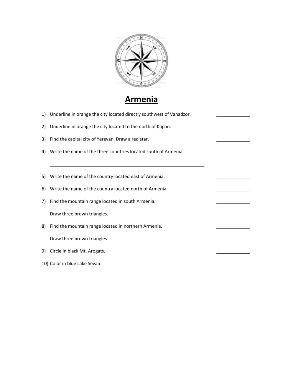 Armenia map questions: students locate cities near Vanadzor and Kapan, star Yerevan, name neighbors and color Lake Sevan