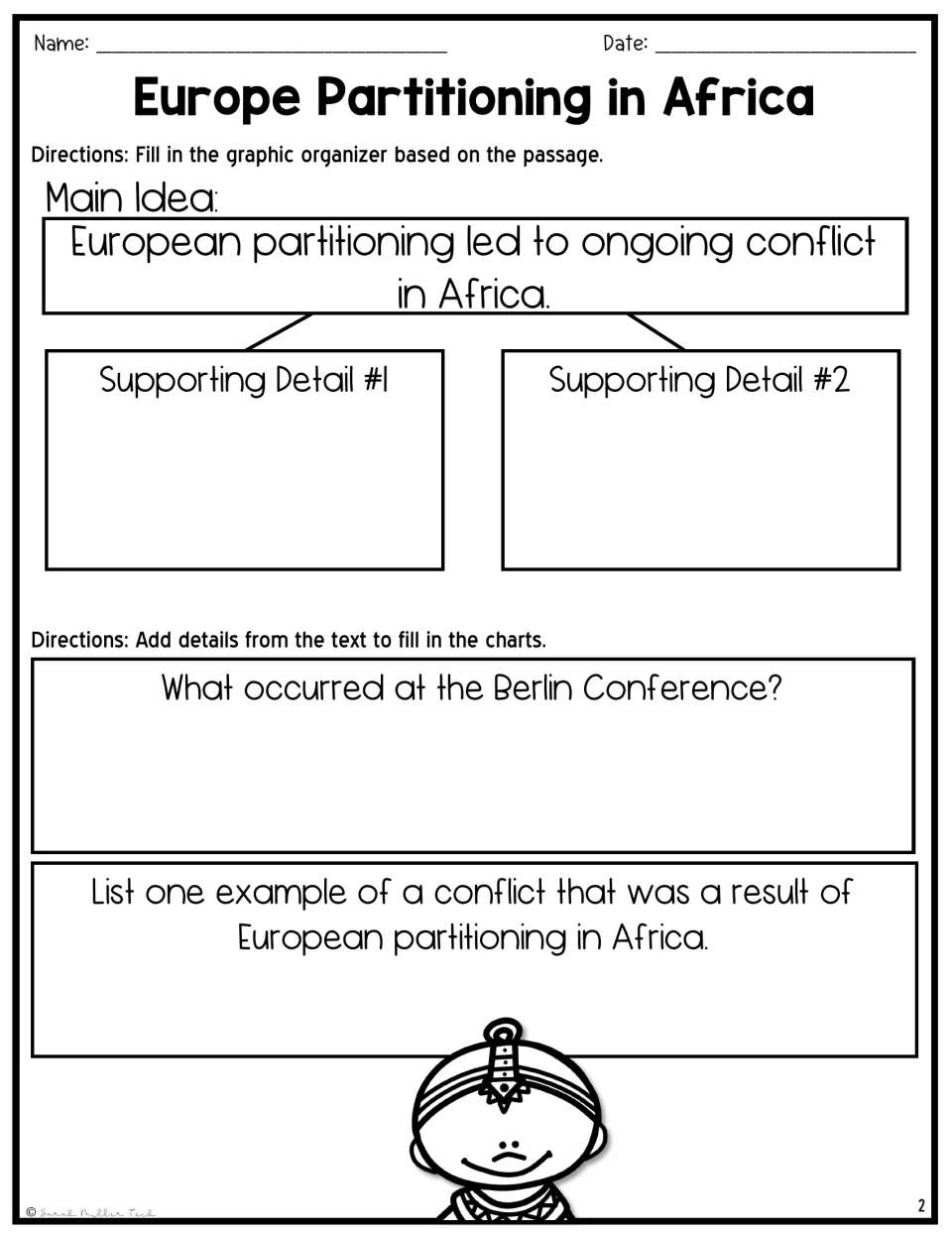 Graphic organizer on partitioning in Africa: main idea, supporting details, Berlin Conference, and conflict