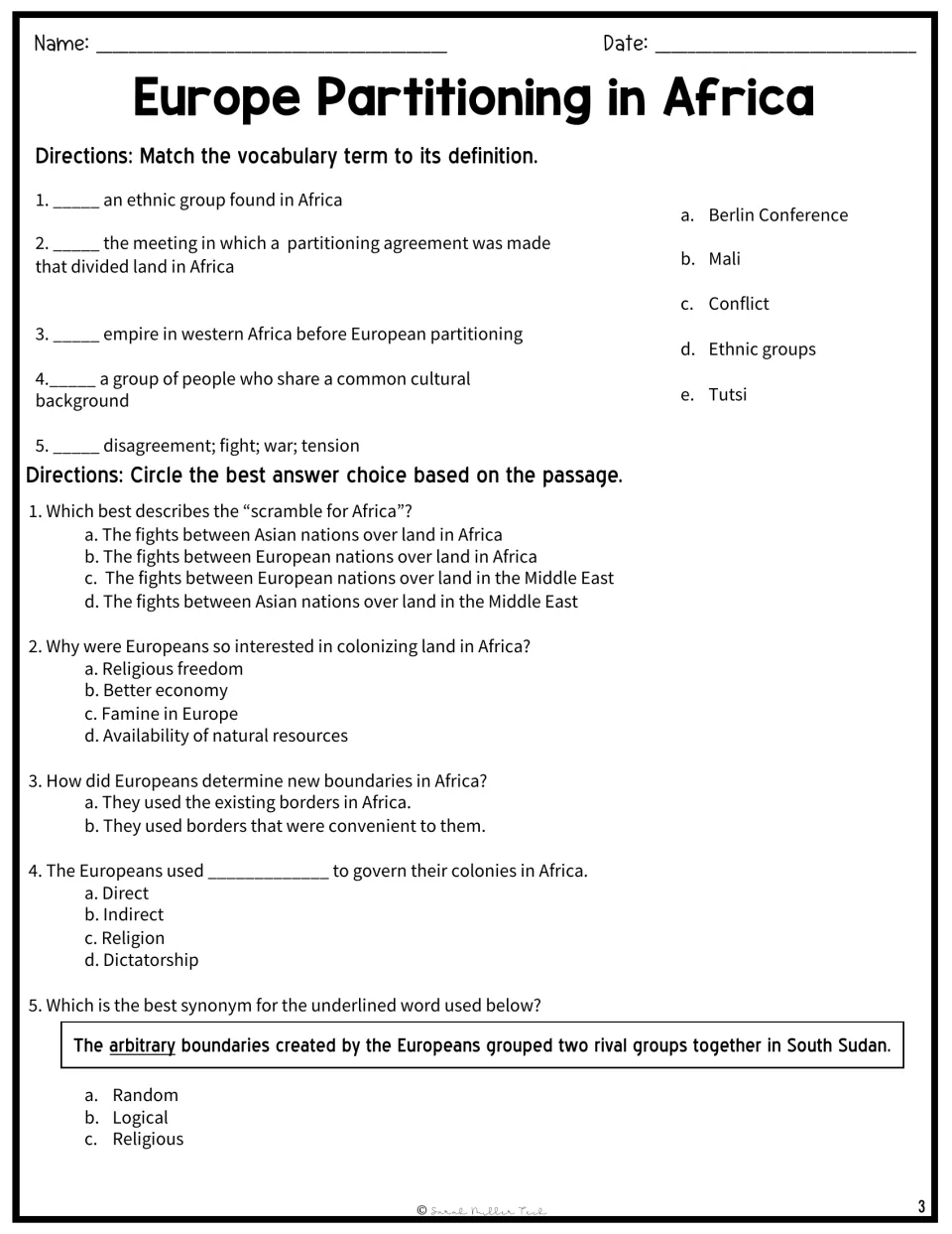 Vocabulary and comprehension practice: five matching items and five questions on European rule in Africa