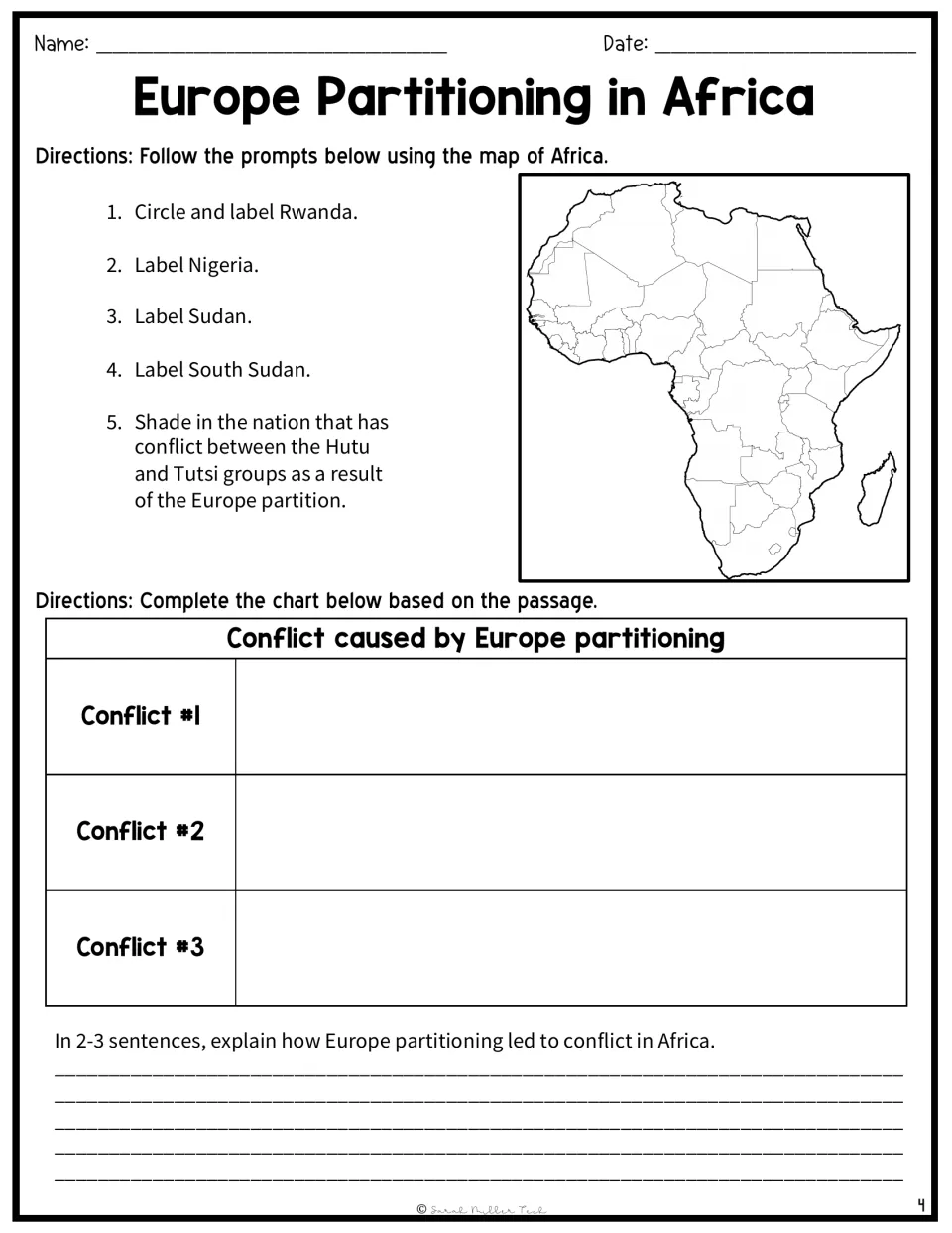 Map activity locating Rwanda, Nigeria, Sudan, and South Sudan, followed by a conflict chart and writing prompt