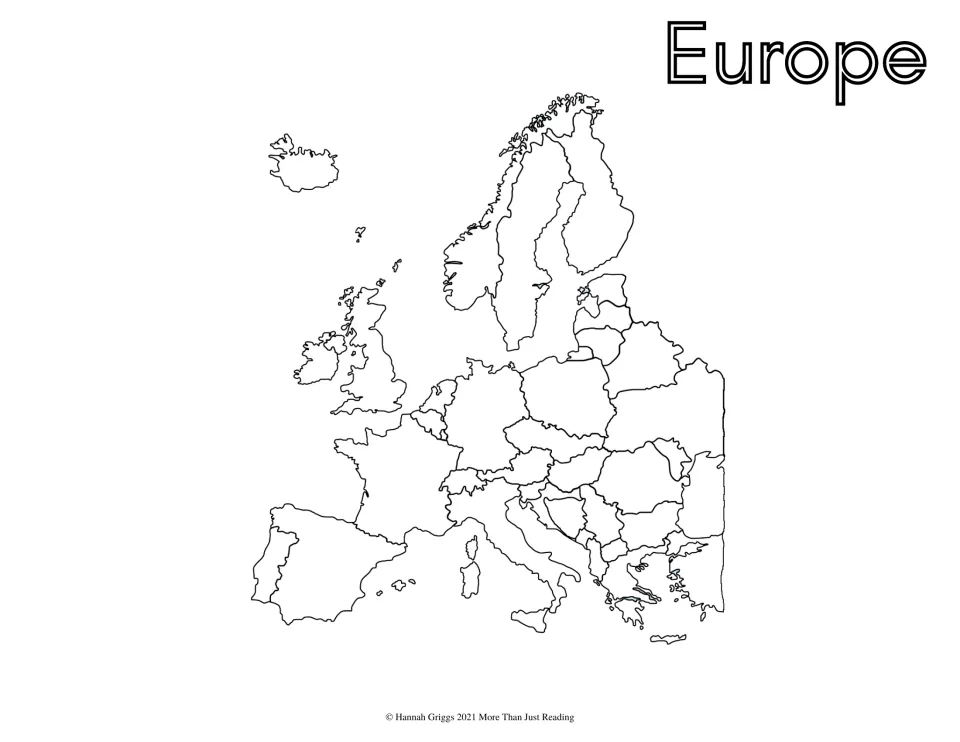 Europe outline map: students color the continent's countries, from Iceland and Spain to Finland and Greece