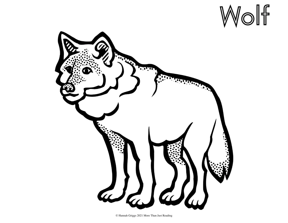 Wolf: students color a standing wolf with a thick ruff and bushy tail, drawn with dotted shading