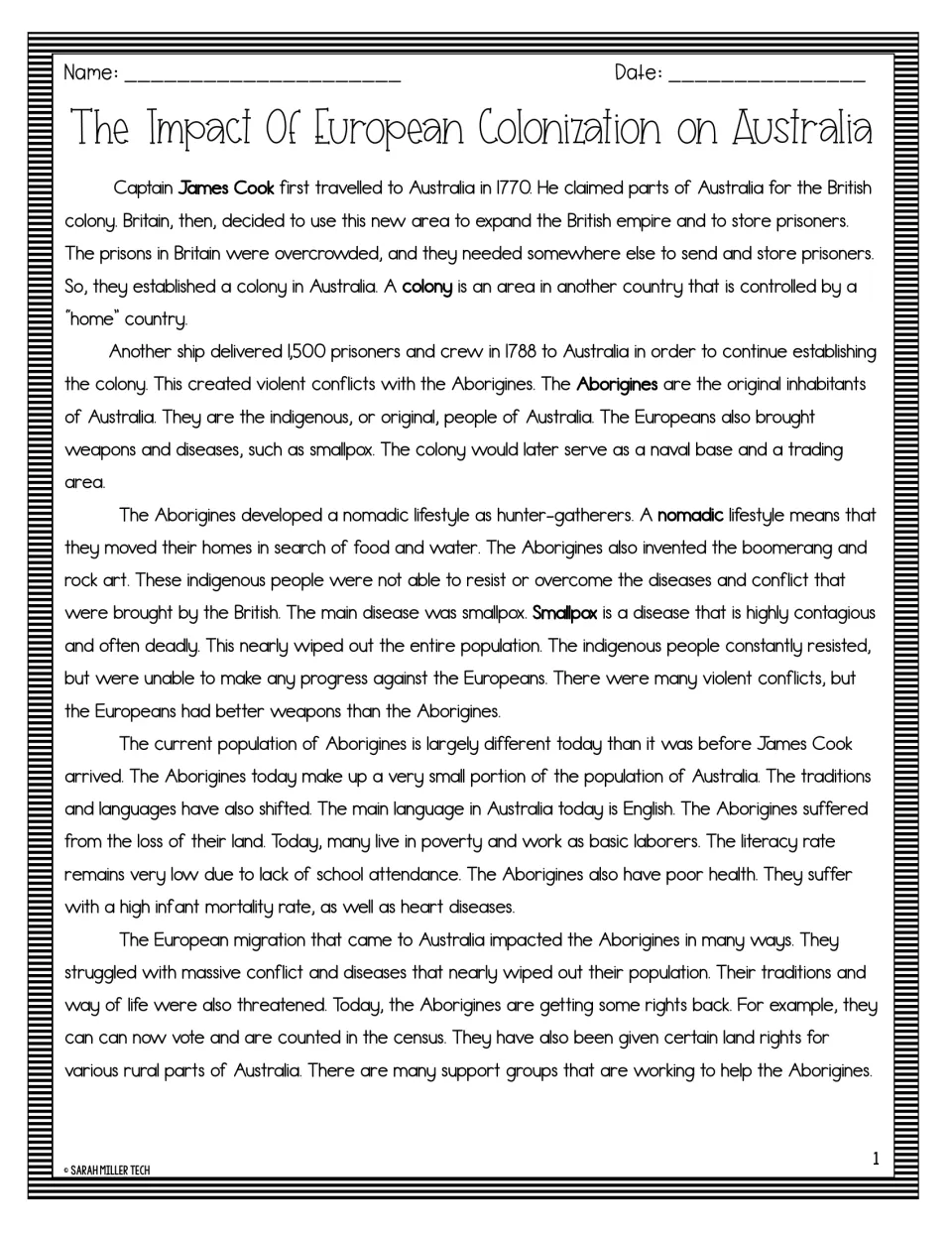 Reading passage on James Cook, British settlement in Australia, and colonization's effects on Aboriginal people