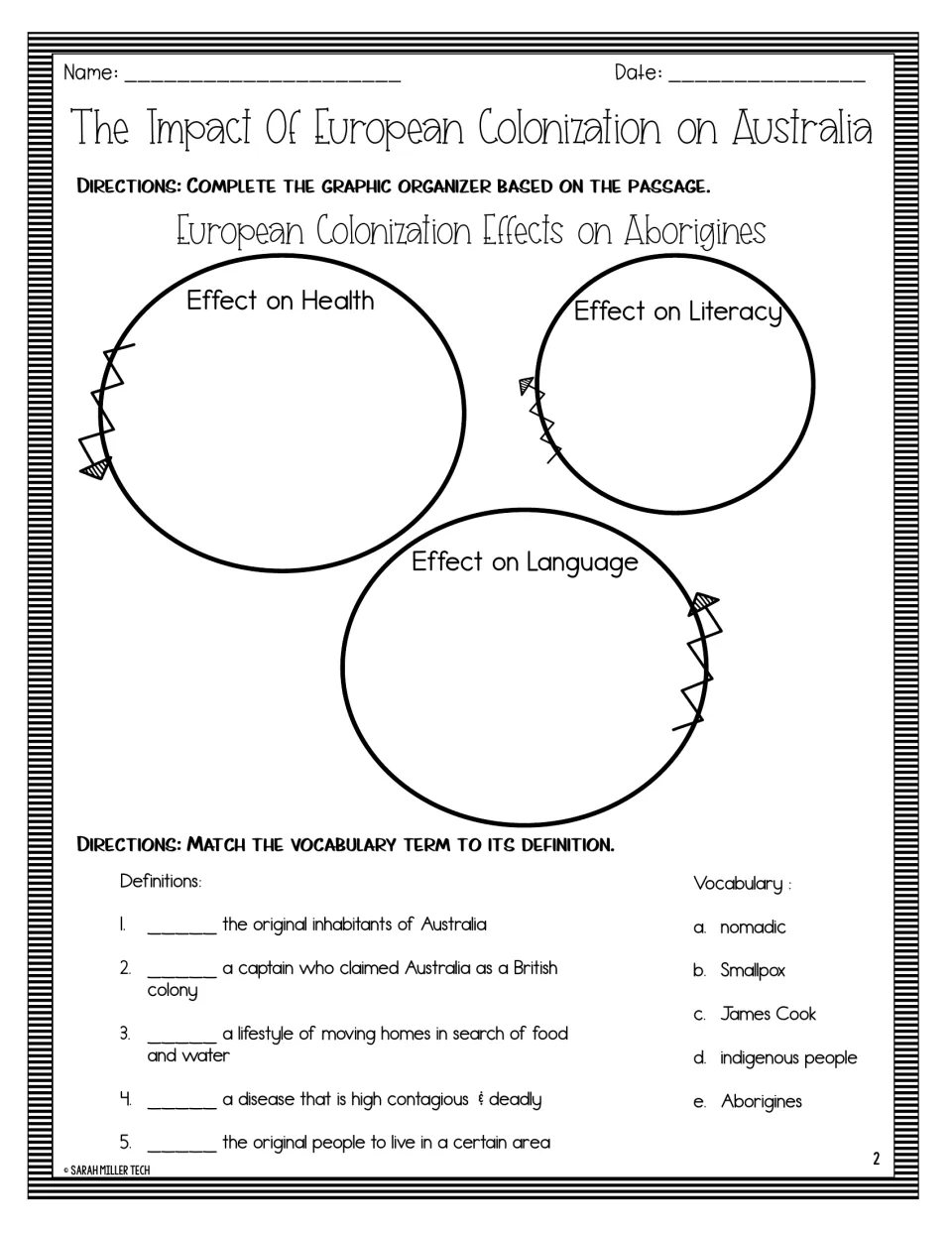 Graphic organizer on colonization's effects on health, literacy, and language, plus five vocabulary matches