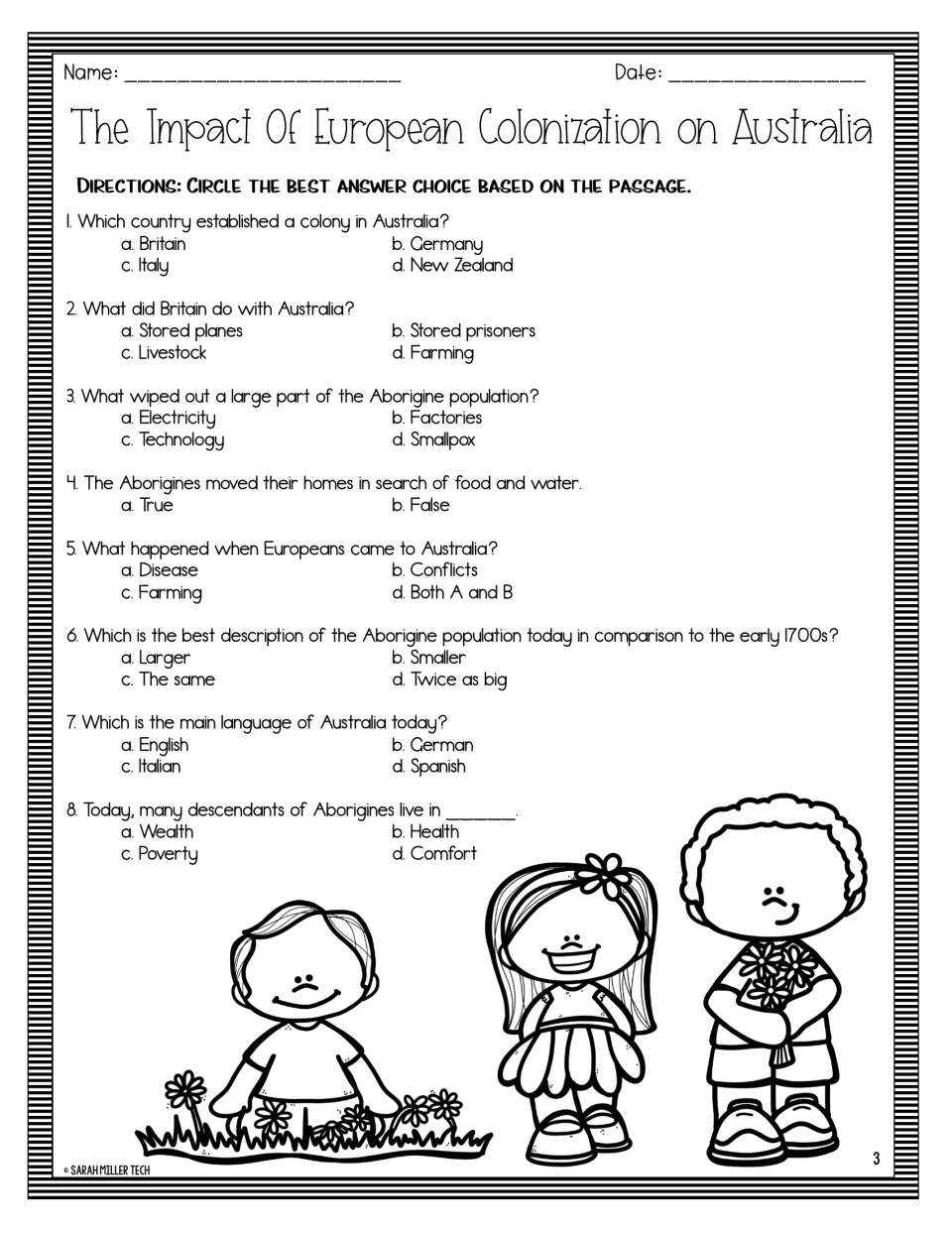 Eight selected-response questions on British colonization, smallpox, Aboriginal people, and language