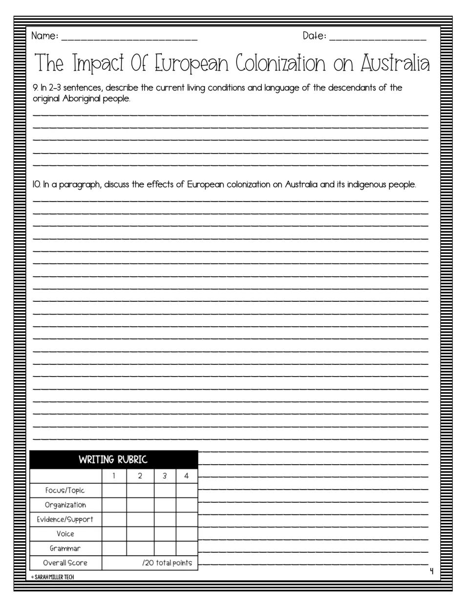 Two writing prompts on Aboriginal living conditions, language, and colonization's effects, with a rubric