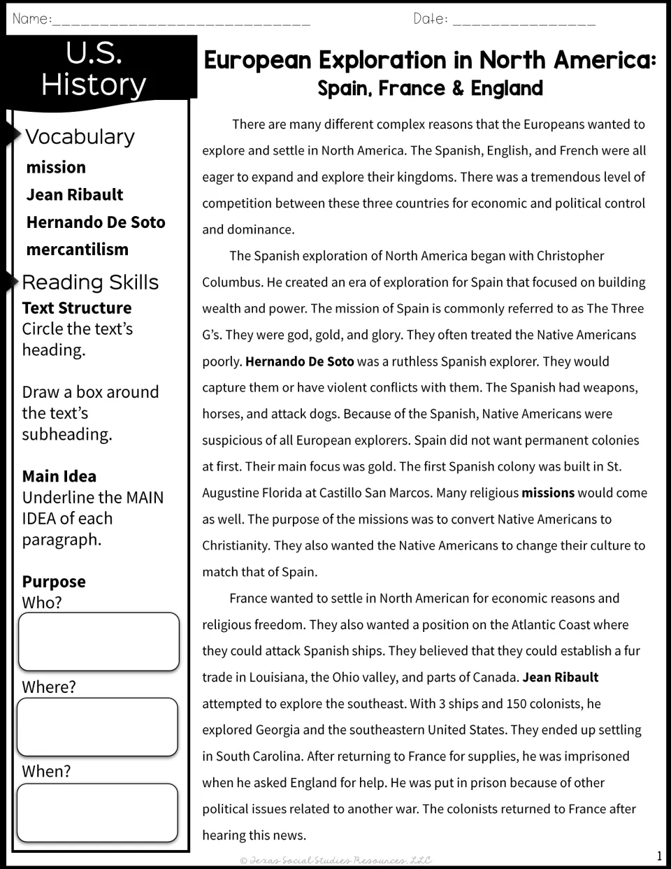 Spain and France in North America reading passage: Three G's, missions, De Soto and Ribault, with text structure annotations
